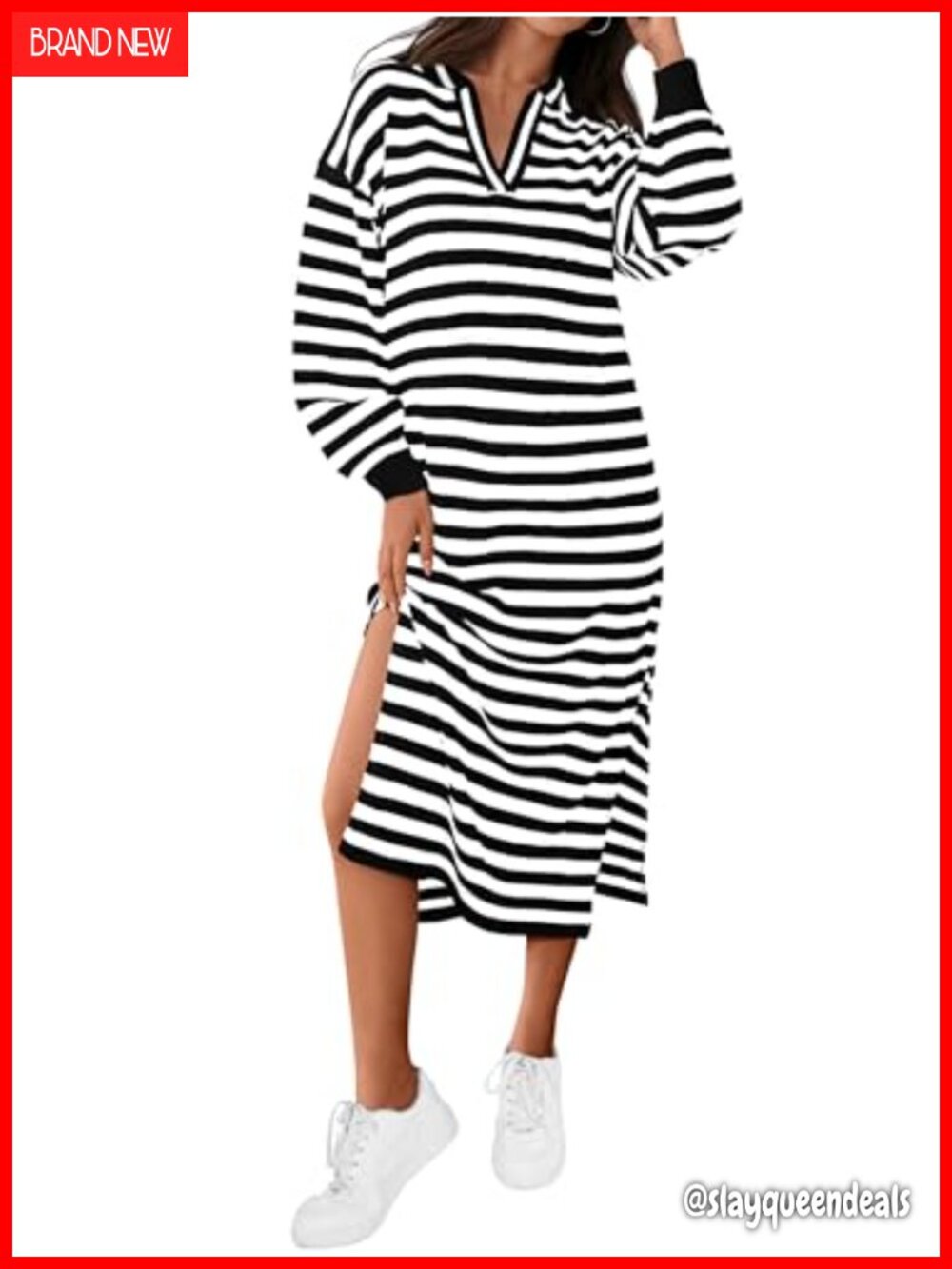 Striped Sweater Dress Long Sleeve V Neck Collared Knit Midi Fall Casual
